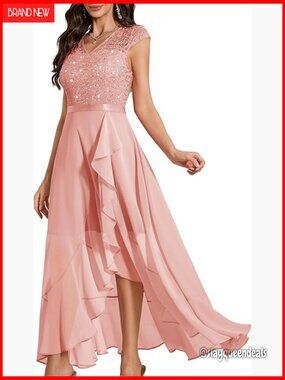 Sequined Floral Lace V-Neck Cap Sleeve Maxi Evening Dress